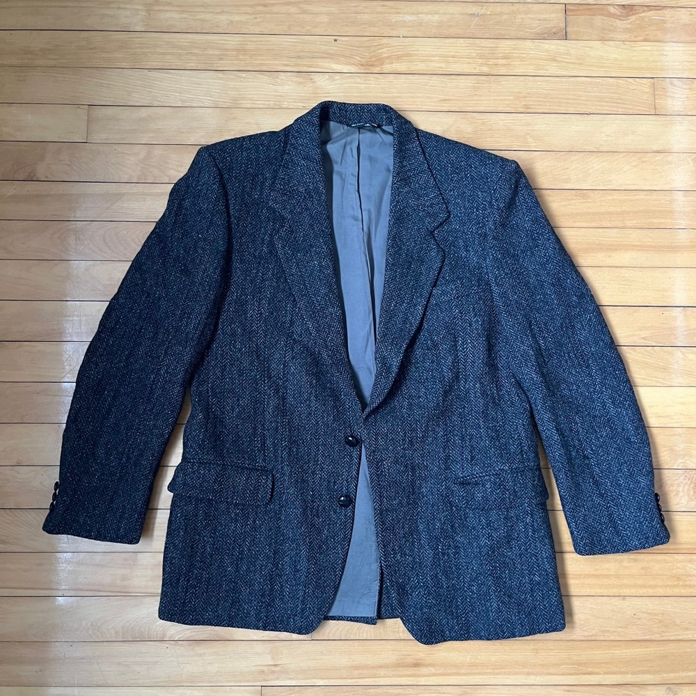 Harris Tweed Mens 42 Reg Blazer Charcoal Grey Herringbone Wool Sport Coat Jacket